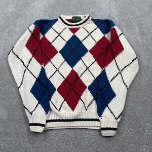 Vintage Embassy Row Hand Knitted Argyle Pullover Sweater Men's M Ivory Red